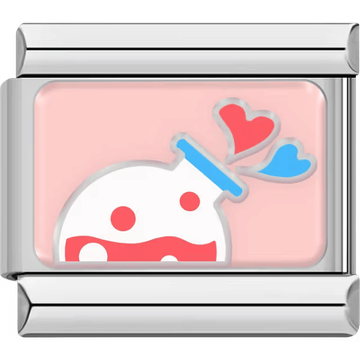 White and red polka dot potion bottle pouring out red and blue hearts on a soft pink background